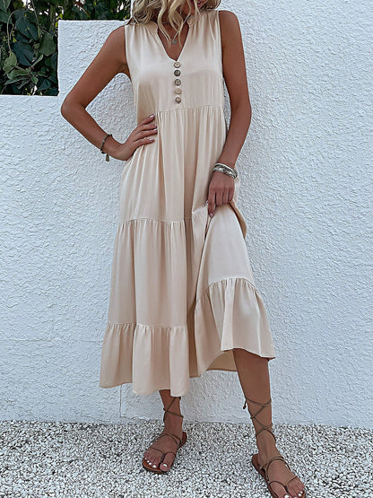 Notch Neck Buttoned Sleeveless Tiered Midi Dress