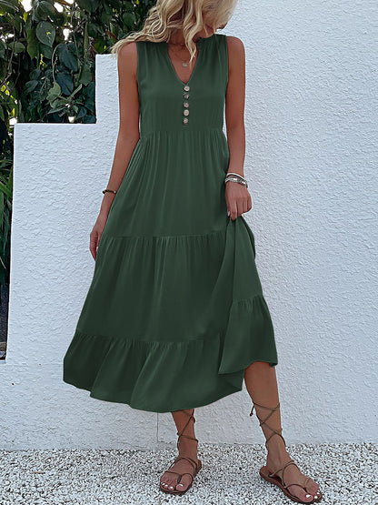 Notch Neck Buttoned Sleeveless Tiered Midi Dress