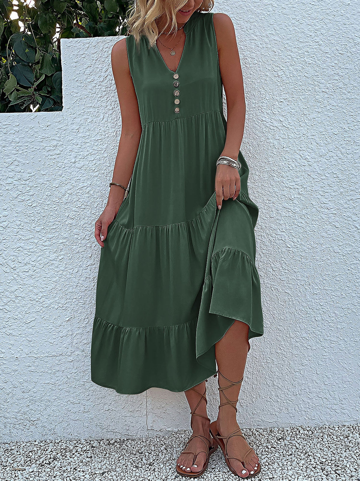 Notch Neck Buttoned Sleeveless Tiered Midi Dress