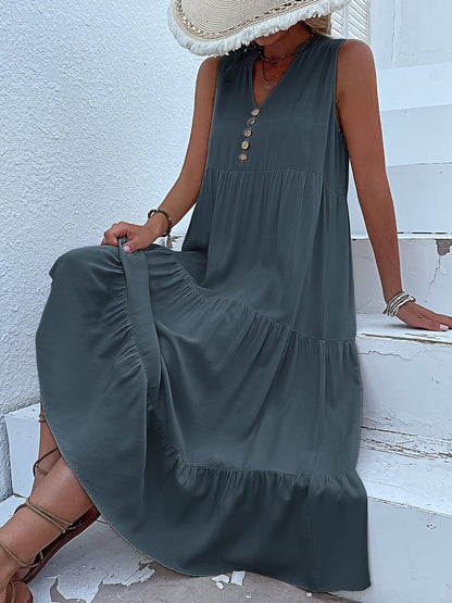 Notch Neck Buttoned Sleeveless Tiered Midi Dress