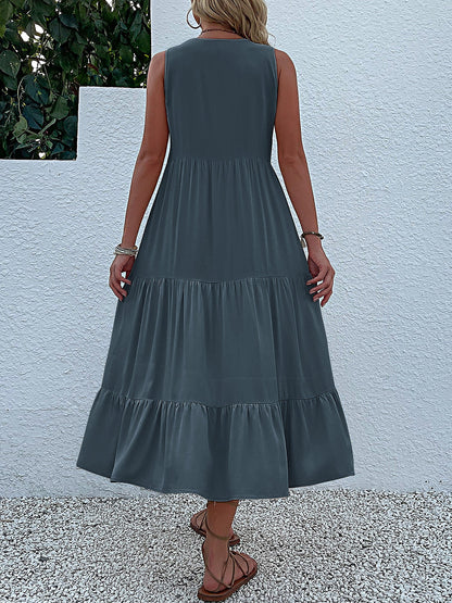 Notch Neck Buttoned Sleeveless Tiered Midi Dress