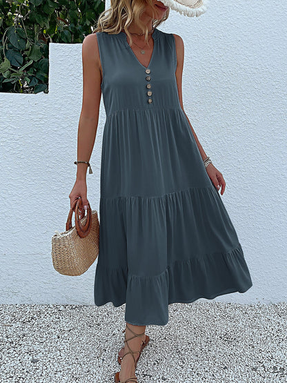 Notch Neck Buttoned Sleeveless Tiered Midi Dress