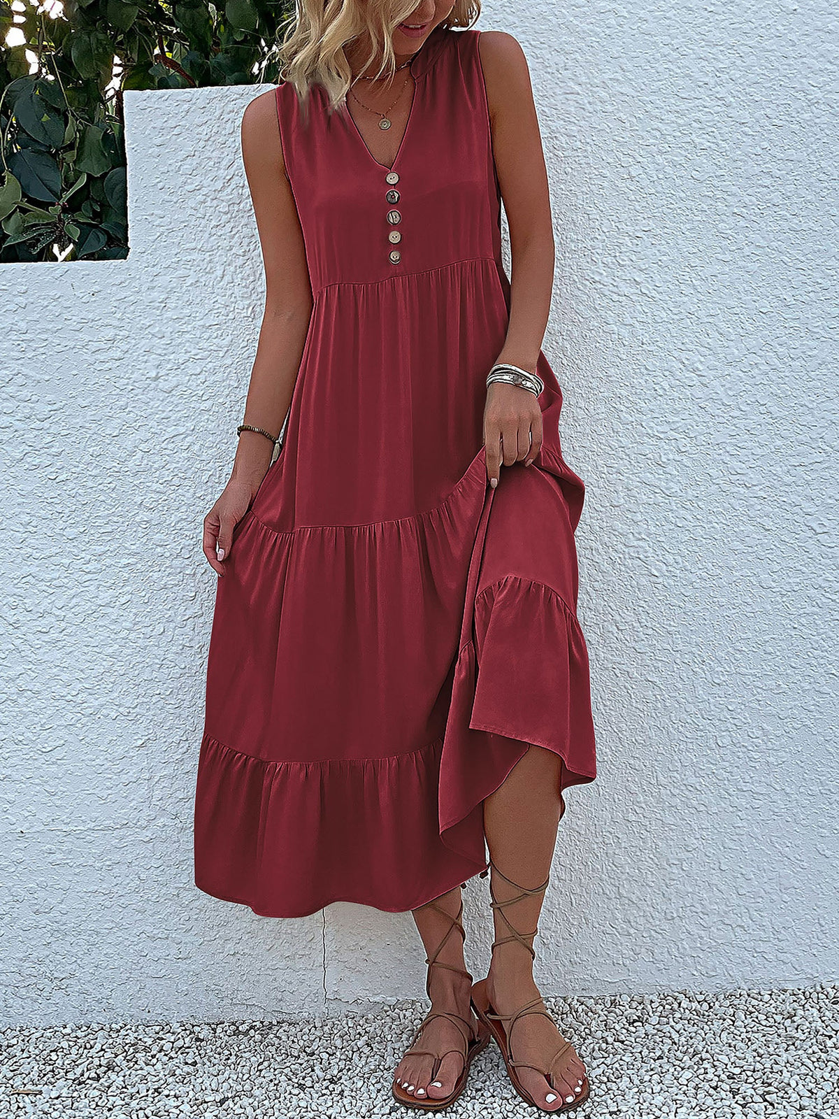 Notch Neck Buttoned Sleeveless Tiered Midi Dress