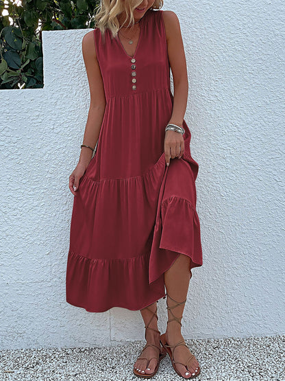 Notch Neck Buttoned Sleeveless Tiered Midi Dress