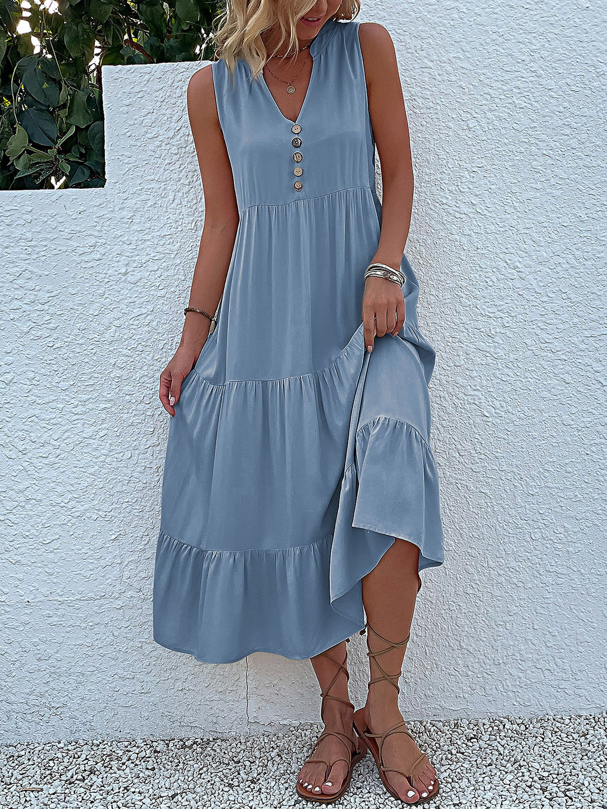 Notch Neck Buttoned Sleeveless Tiered Midi Dress