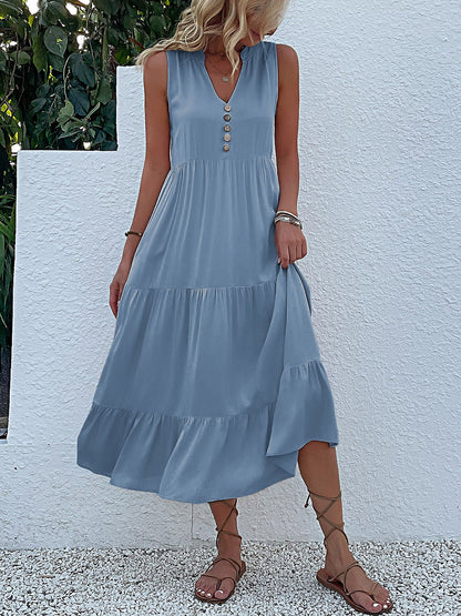 Notch Neck Buttoned Sleeveless Tiered Midi Dress