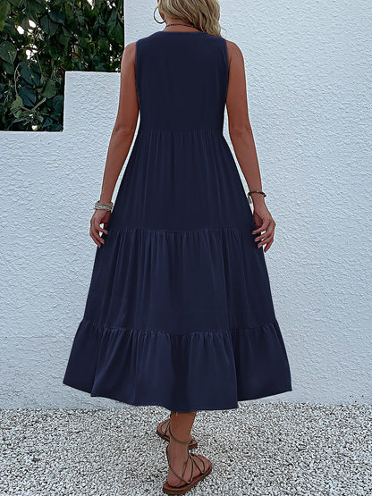 Notch Neck Buttoned Sleeveless Tiered Midi Dress