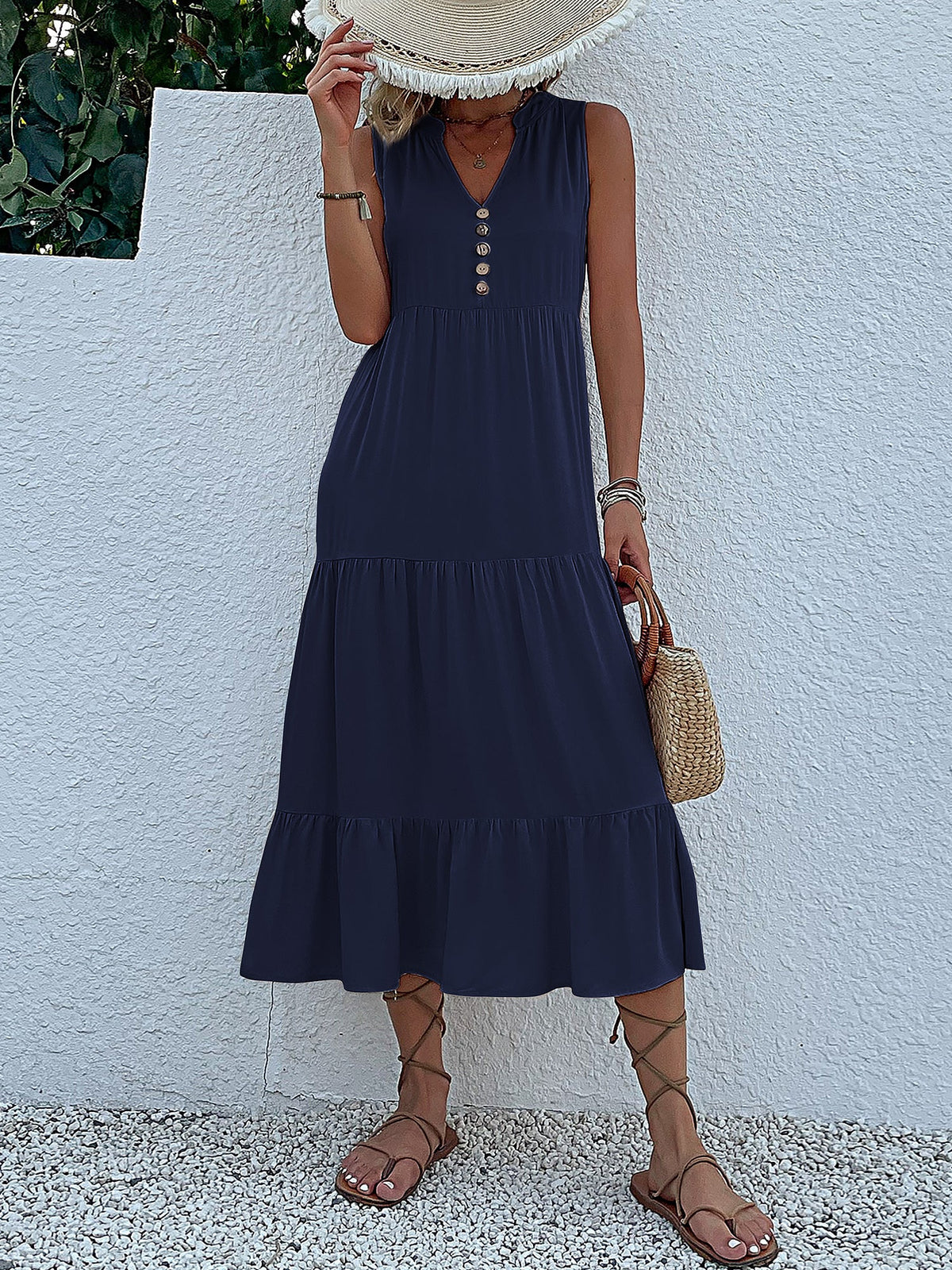 Notch Neck Buttoned Sleeveless Tiered Midi Dress