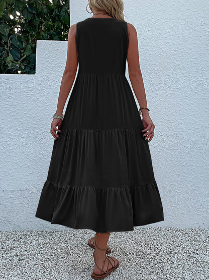 Notch Neck Buttoned Sleeveless Tiered Midi Dress