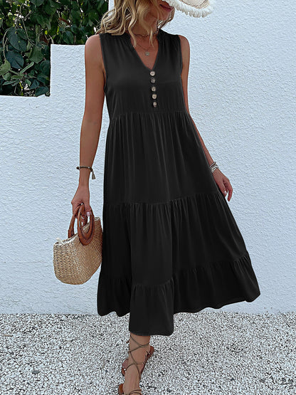 Notch Neck Buttoned Sleeveless Tiered Midi Dress