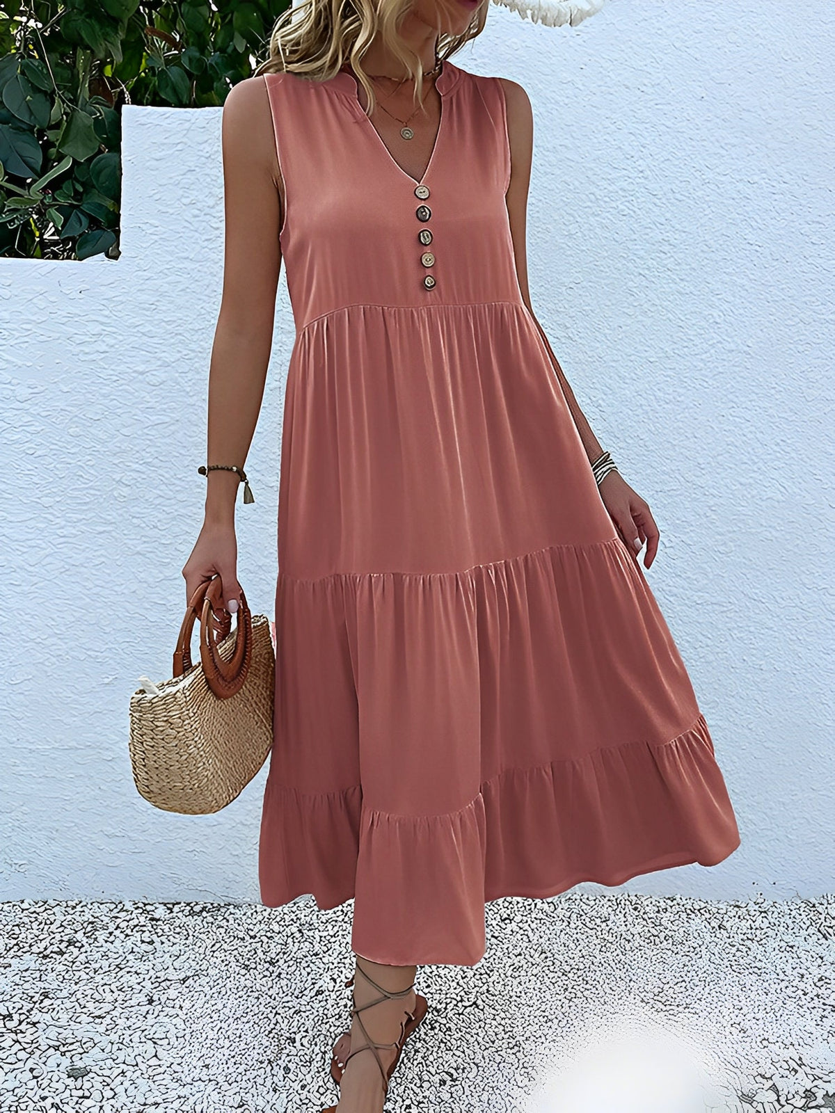 Notch Neck Buttoned Sleeveless Tiered Midi Dress