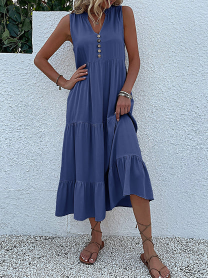 Notch Neck Buttoned Sleeveless Tiered Midi Dress