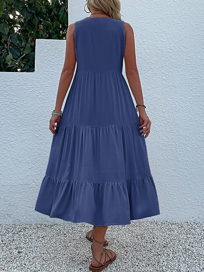 Notch Neck Buttoned Sleeveless Tiered Midi Dress