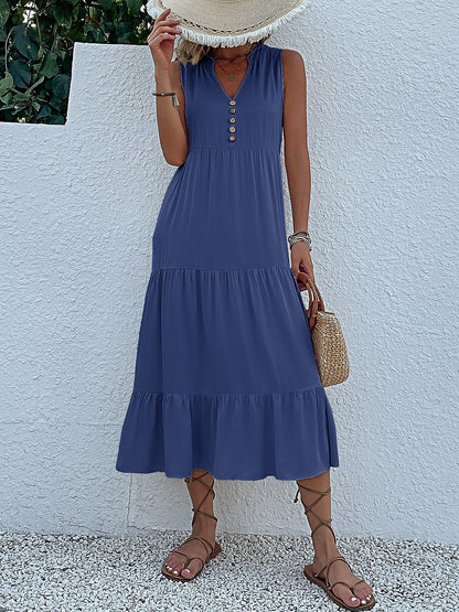 Notch Neck Buttoned Sleeveless Tiered Midi Dress
