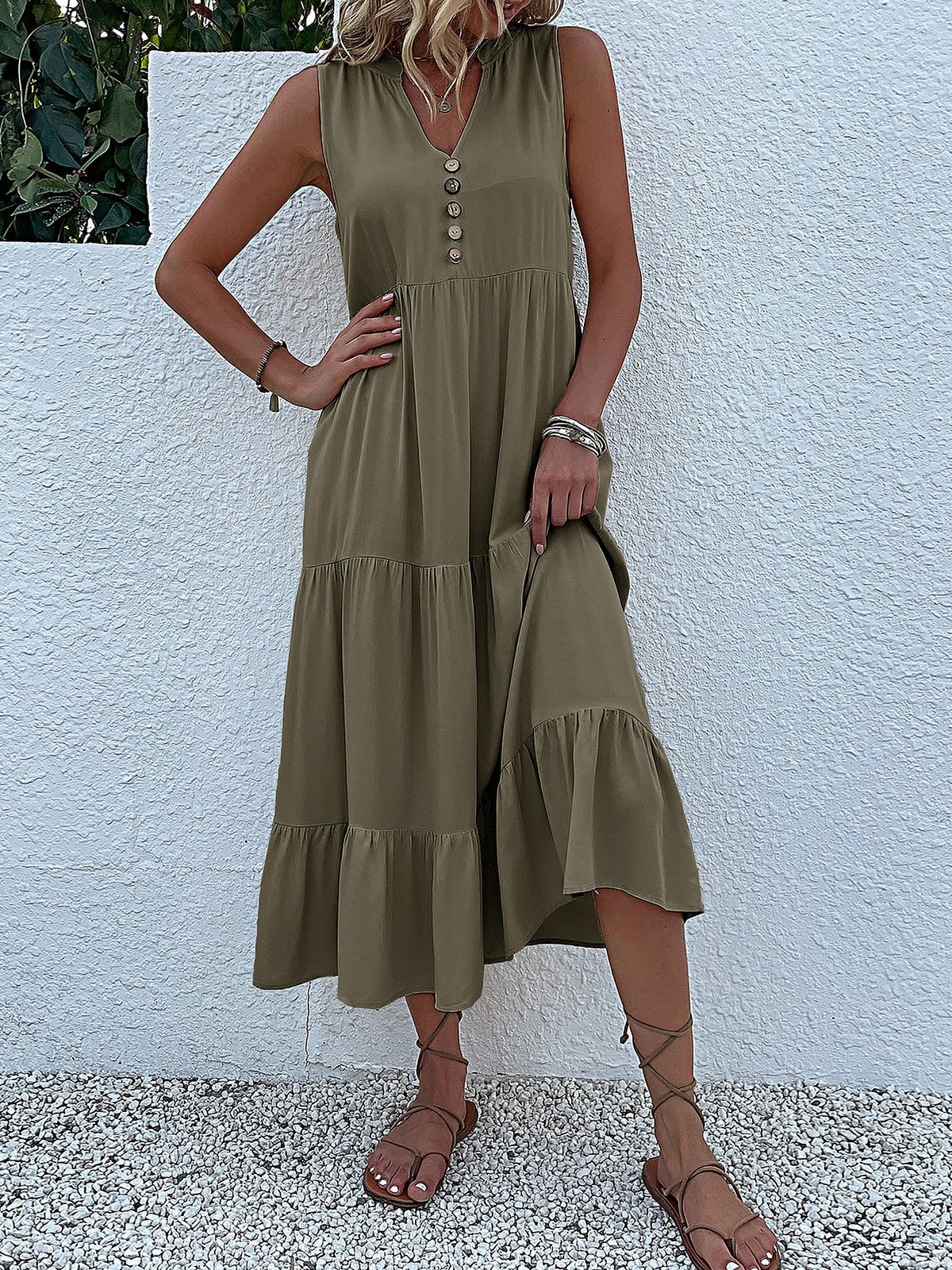 Notch Neck Buttoned Sleeveless Tiered Midi Dress
