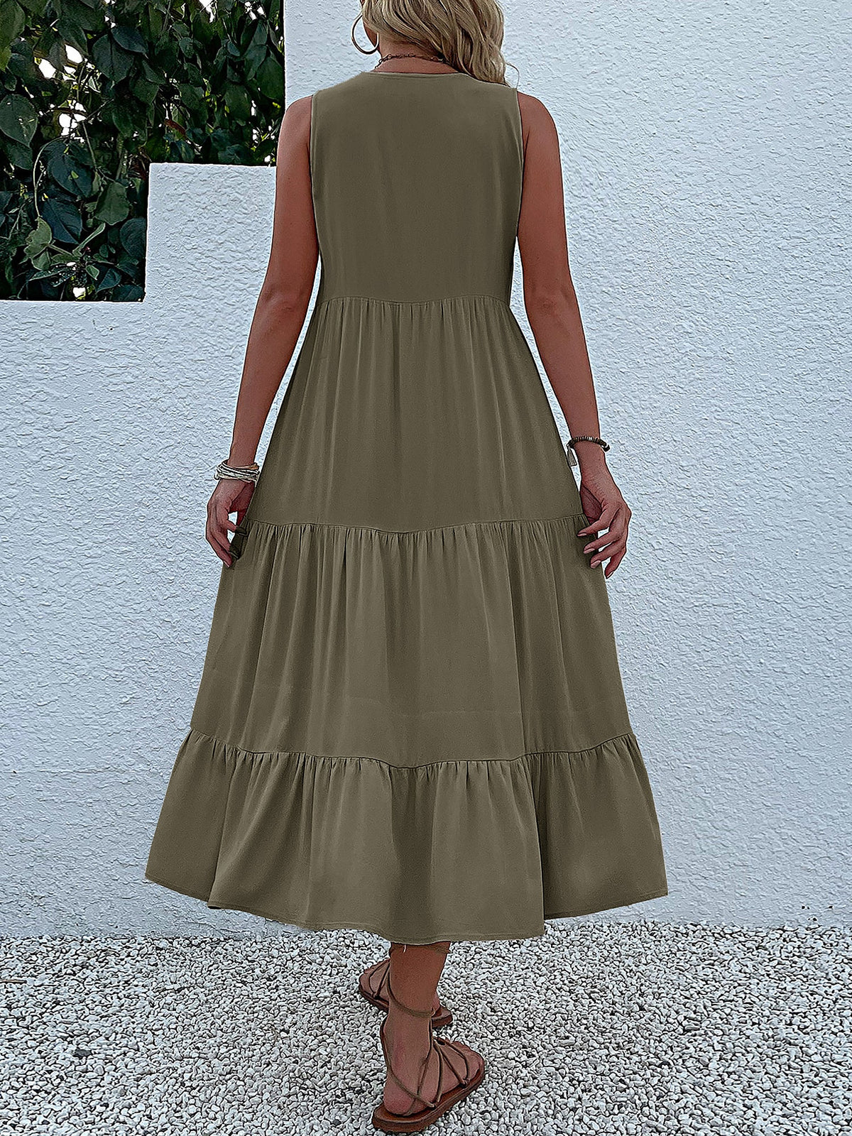 Notch Neck Buttoned Sleeveless Tiered Midi Dress