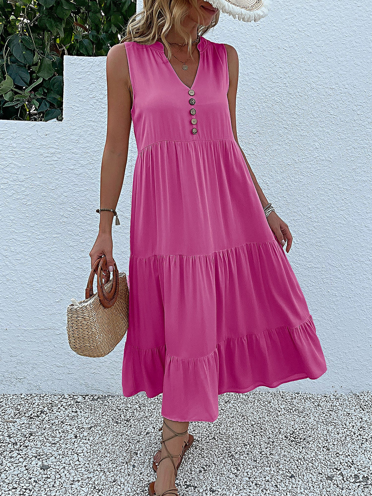Notch Neck Buttoned Sleeveless Tiered Midi Dress