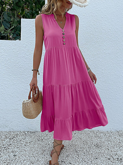 Notch Neck Buttoned Sleeveless Tiered Midi Dress