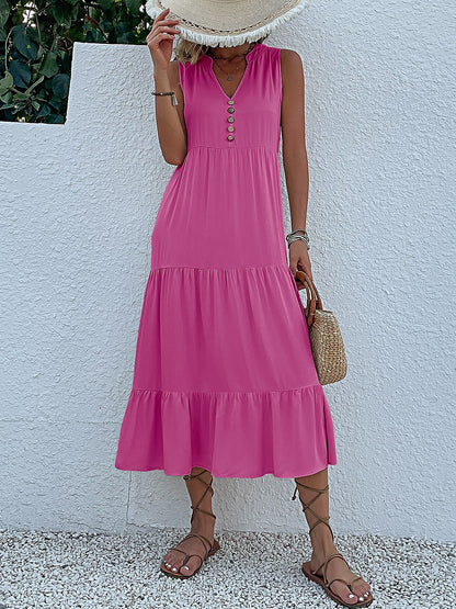 Notch Neck Buttoned Sleeveless Tiered Midi Dress