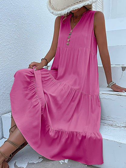 Notch Neck Buttoned Sleeveless Tiered Midi Dress