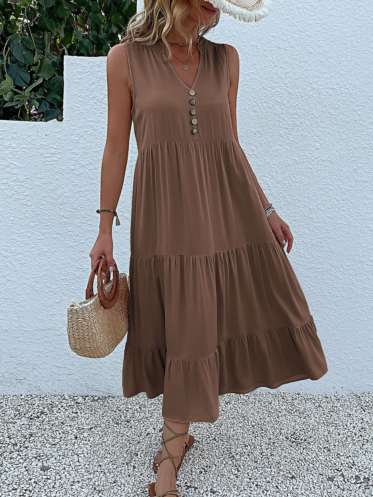 Notch Neck Buttoned Sleeveless Tiered Midi Dress