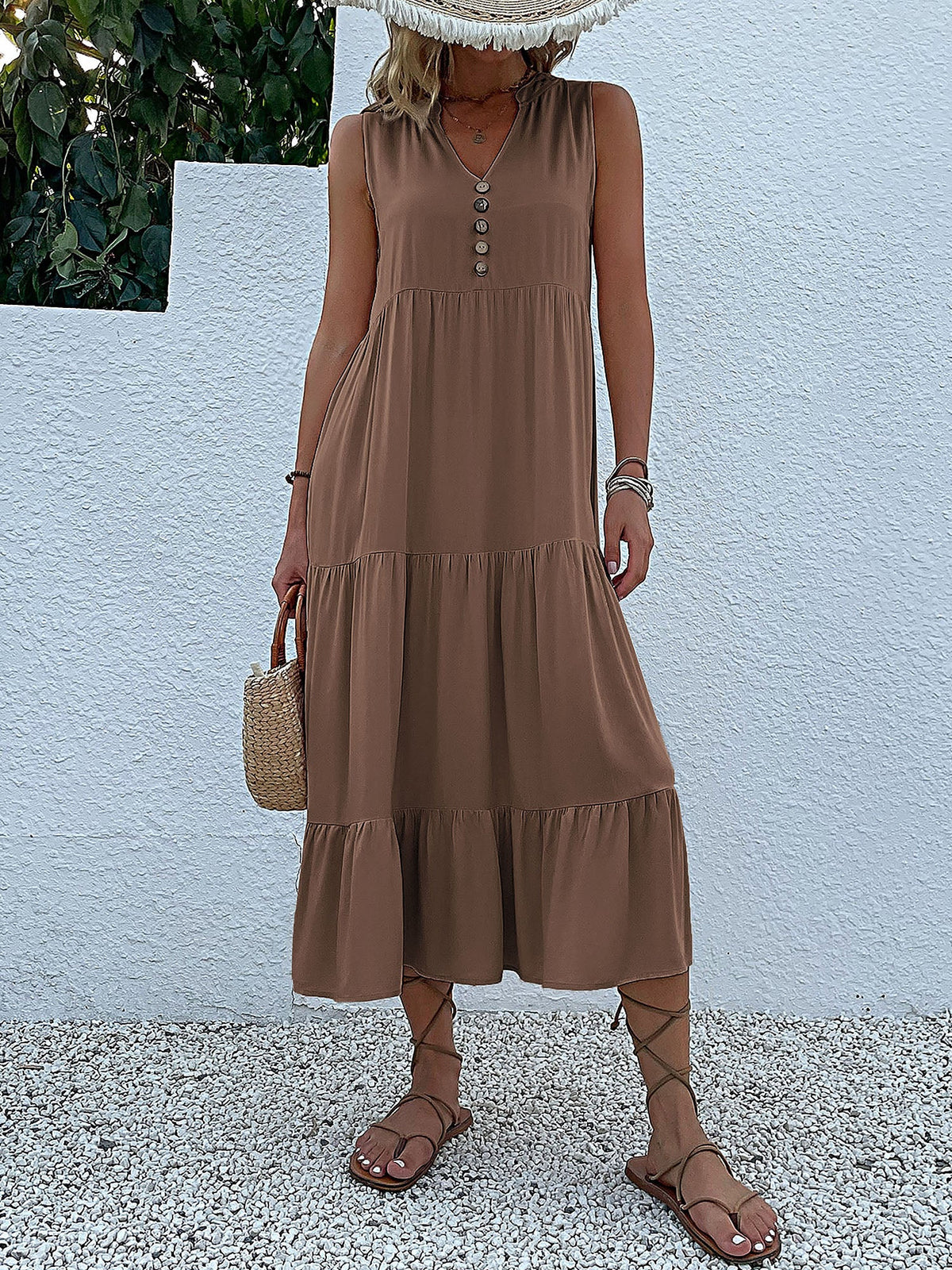 Notch Neck Buttoned Sleeveless Tiered Midi Dress