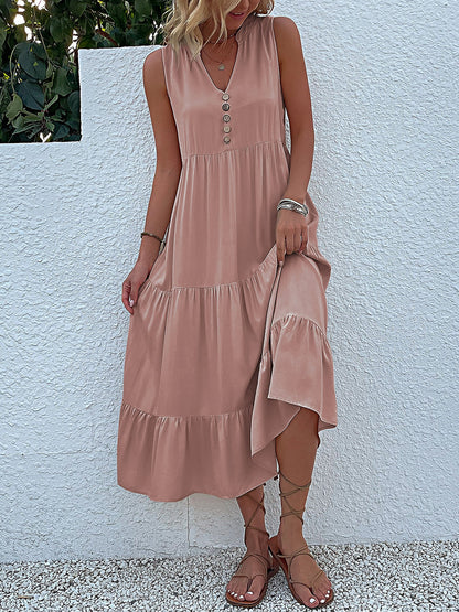 Notch Neck Buttoned Sleeveless Tiered Midi Dress