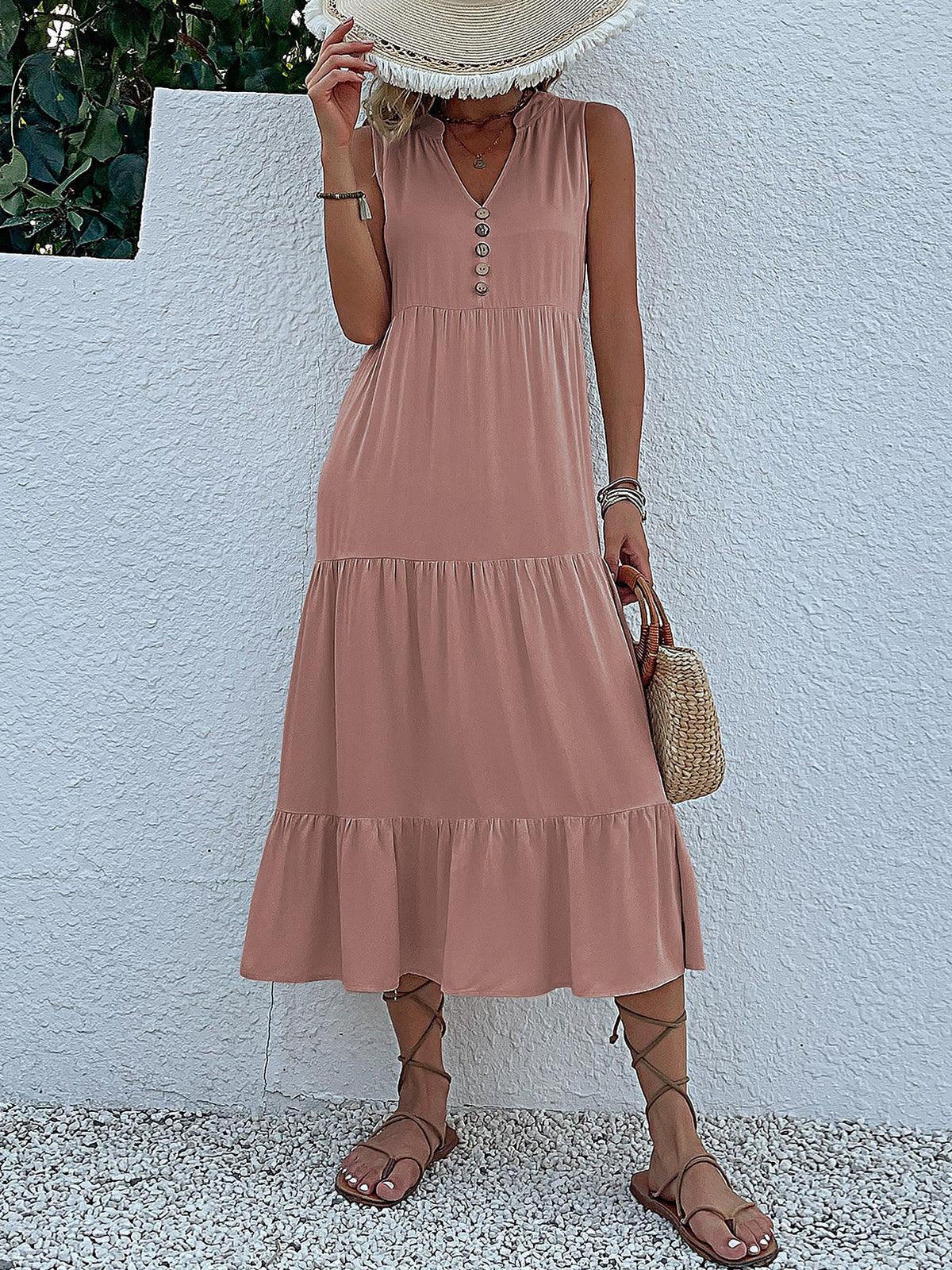 Notch Neck Buttoned Sleeveless Tiered Midi Dress