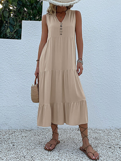 Notch Neck Buttoned Sleeveless Tiered Midi Dress