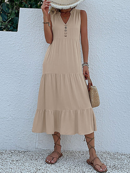 Notch Neck Buttoned Sleeveless Tiered Midi Dress
