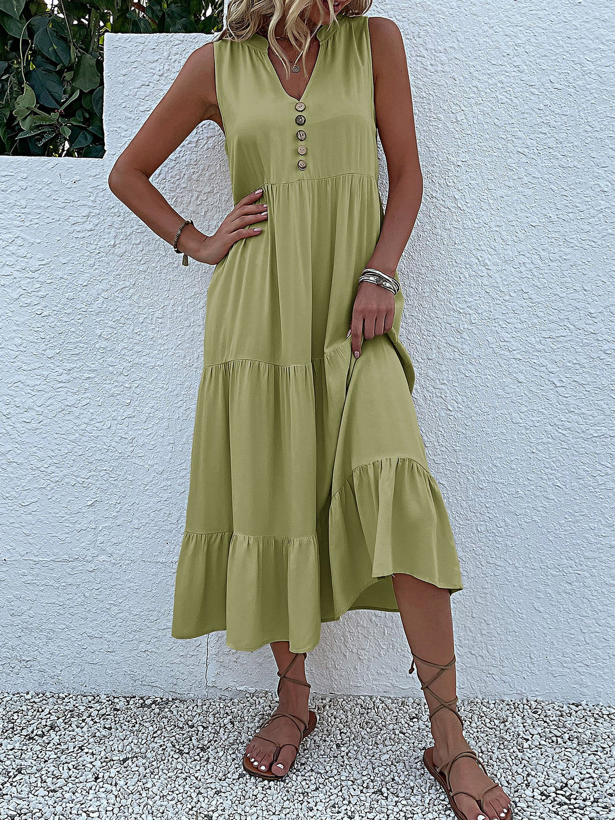 Notch Neck Buttoned Sleeveless Tiered Midi Dress
