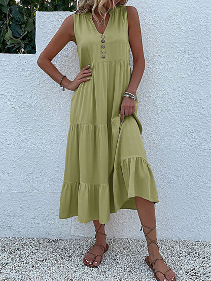 Notch Neck Buttoned Sleeveless Tiered Midi Dress