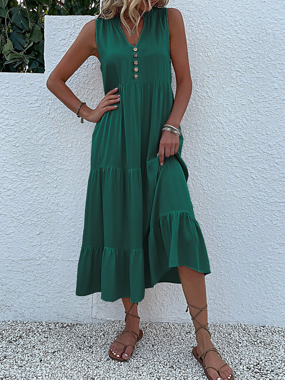 Notch Neck Buttoned Sleeveless Tiered Midi Dress