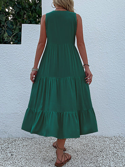 Notch Neck Buttoned Sleeveless Tiered Midi Dress