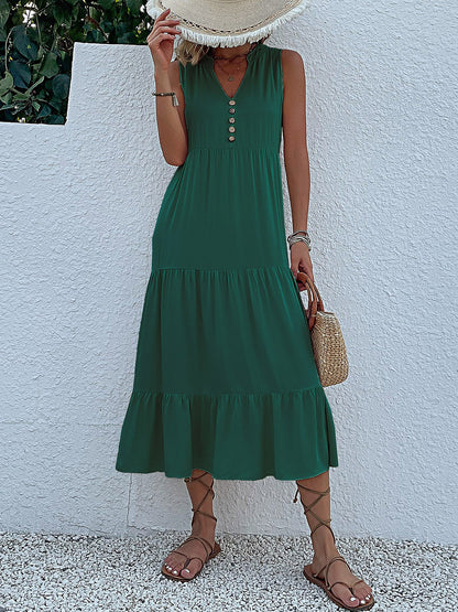 Notch Neck Buttoned Sleeveless Tiered Midi Dress