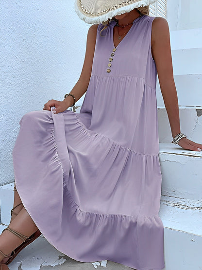 Notch Neck Buttoned Sleeveless Tiered Midi Dress