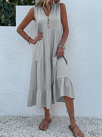 Notch Neck Buttoned Sleeveless Tiered Midi Dress