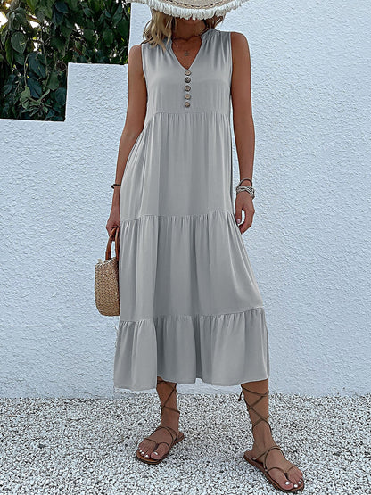 Notch Neck Buttoned Sleeveless Tiered Midi Dress