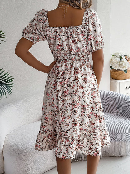Vintage Floral & Tropical Prints Floral Off Shoulder Puff Sleeves Smocked A-Line Dress