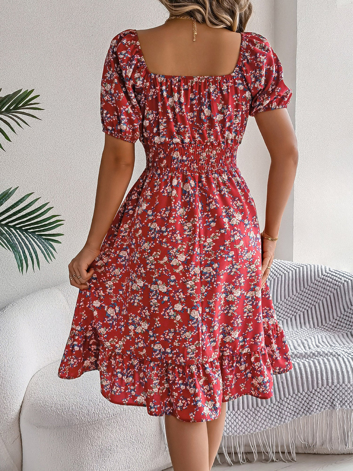 Vintage Floral & Tropical Prints Floral Off Shoulder Puff Sleeves Smocked A-Line Dress