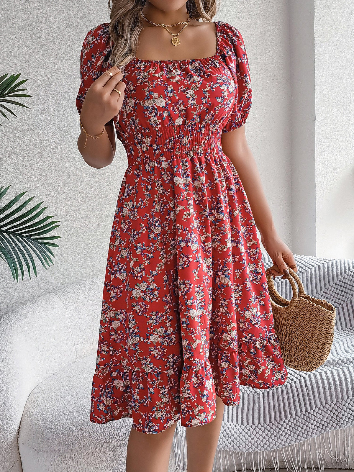 Vintage Floral & Tropical Prints Floral Off Shoulder Puff Sleeves Smocked A-Line Dress