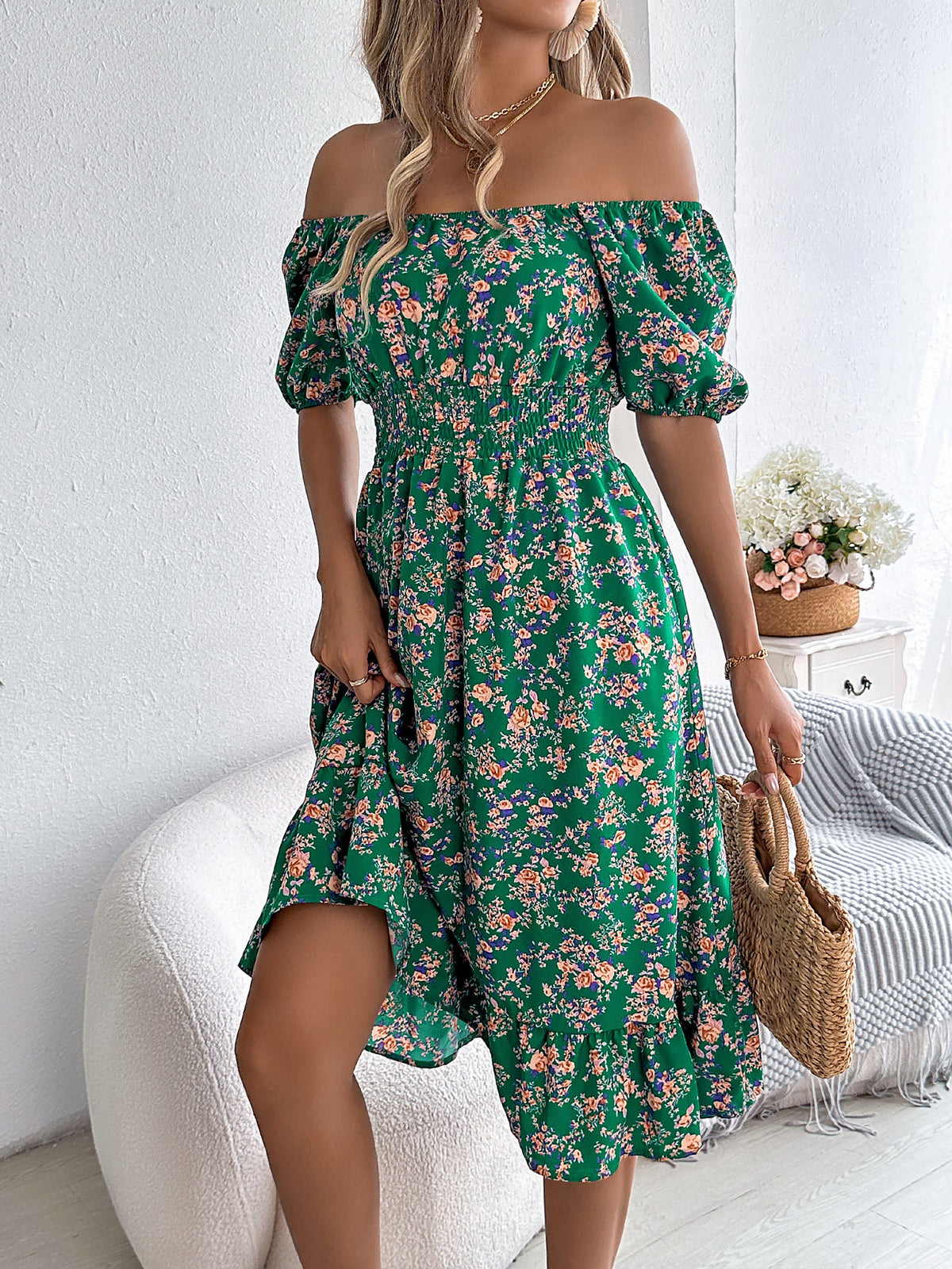 Vintage Floral & Tropical Prints Floral Off Shoulder Puff Sleeves Smocked A-Line Dress