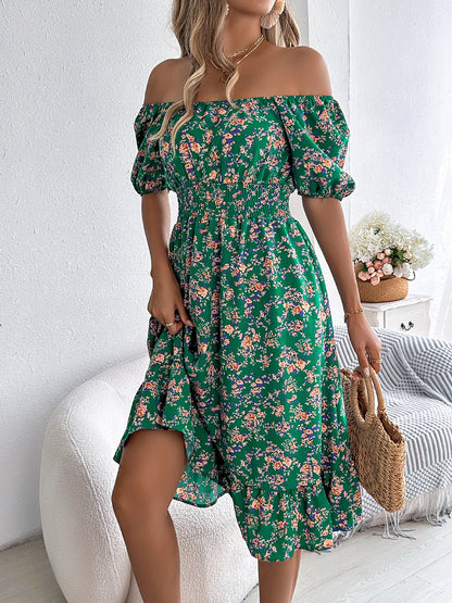 Vintage Floral & Tropical Prints Floral Off Shoulder Puff Sleeves Smocked A-Line Dress