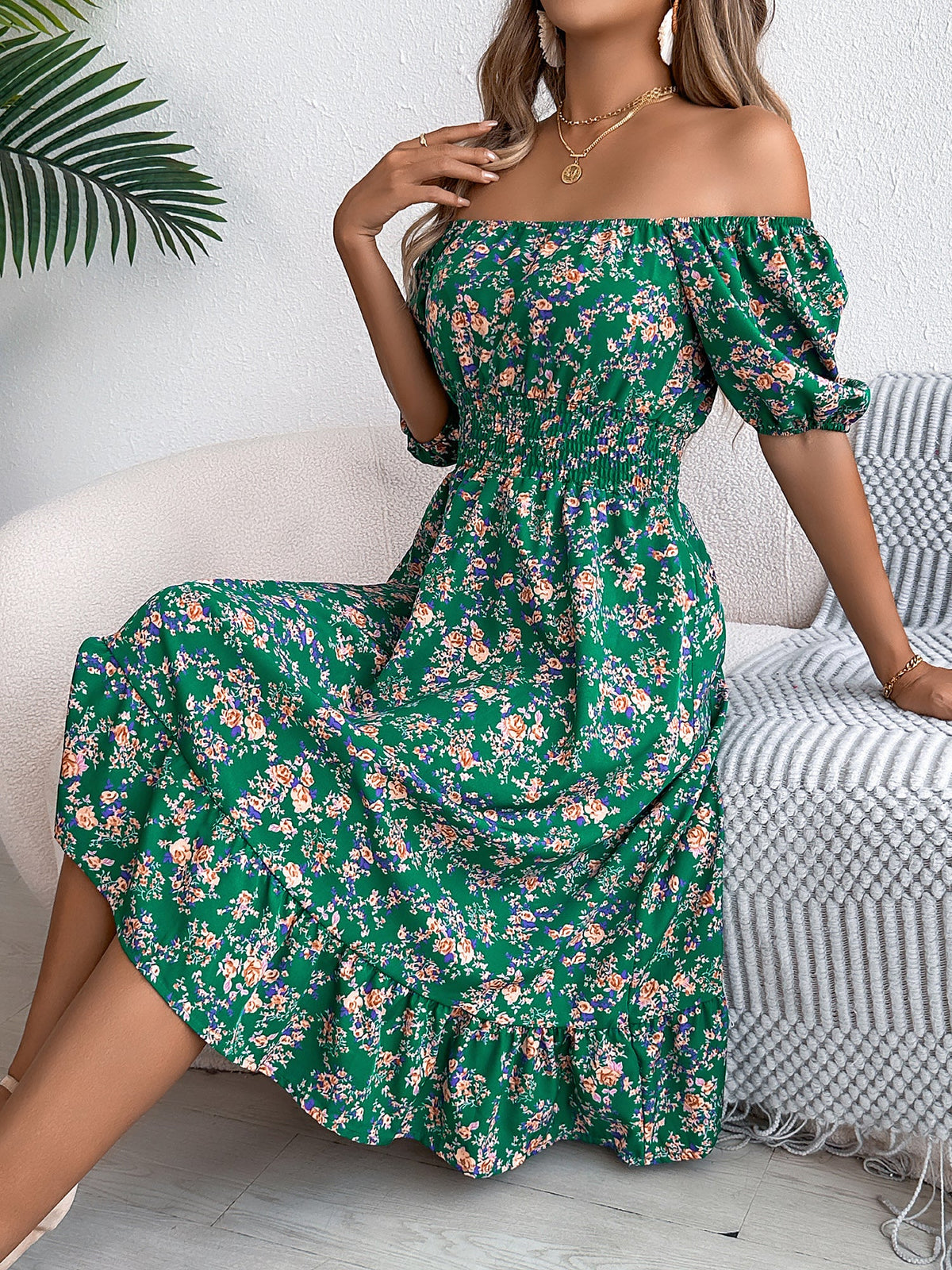 Vintage Floral & Tropical Prints Floral Off Shoulder Puff Sleeves Smocked A-Line Dress