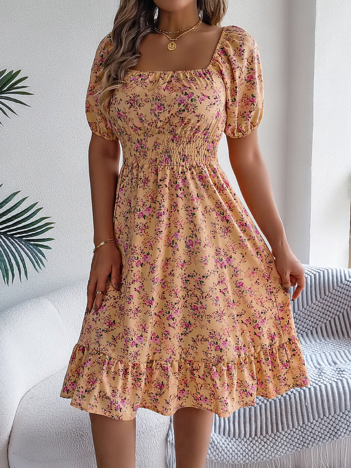Vintage Floral & Tropical Prints Floral Off Shoulder Puff Sleeves Smocked A-Line Dress
