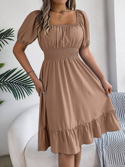 Flattering A-Line Silhouette Square Neck Puff Sleeve Smocked A-Line Midi Wedding Dress