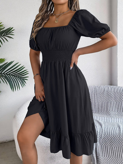 Flattering A-Line Silhouette Square Neck Puff Sleeve Smocked A-Line Midi Wedding Dress