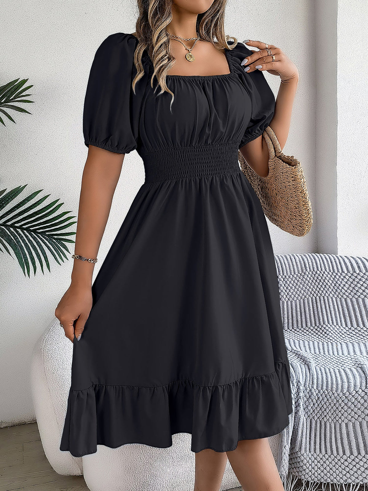 Flattering A-Line Silhouette Square Neck Puff Sleeve Smocked A-Line Midi Wedding Dress