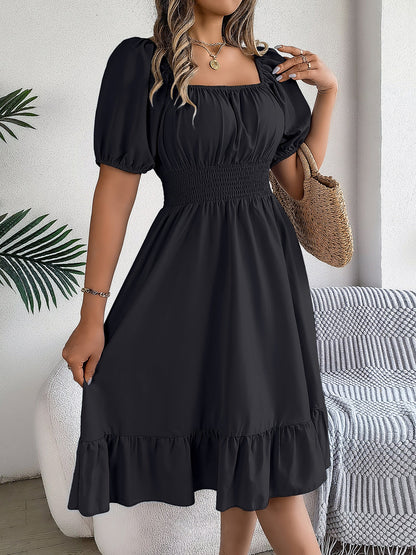Flattering A-Line Silhouette Square Neck Puff Sleeve Smocked A-Line Midi Wedding Dress
