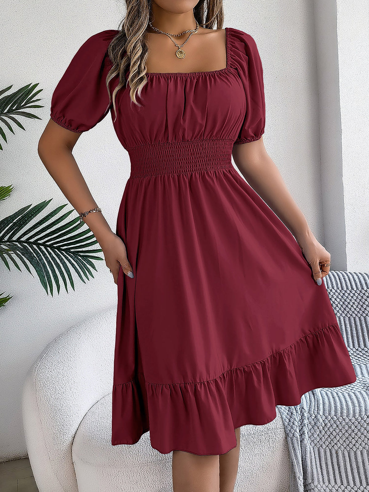 Flattering A-Line Silhouette Square Neck Puff Sleeve Smocked A-Line Midi Wedding Dress